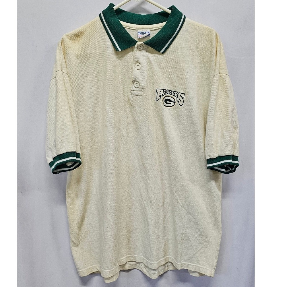 Vintage True Fan Green Bay Packers Polo Shirt Cream Green Mens XL Sportswear